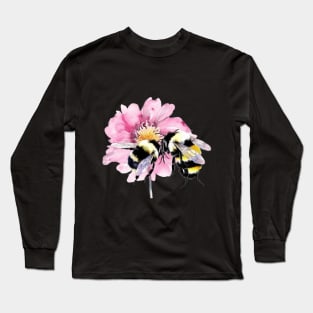 Bees in Watercolor Sitting on A Pink Flower Long Sleeve T-Shirt